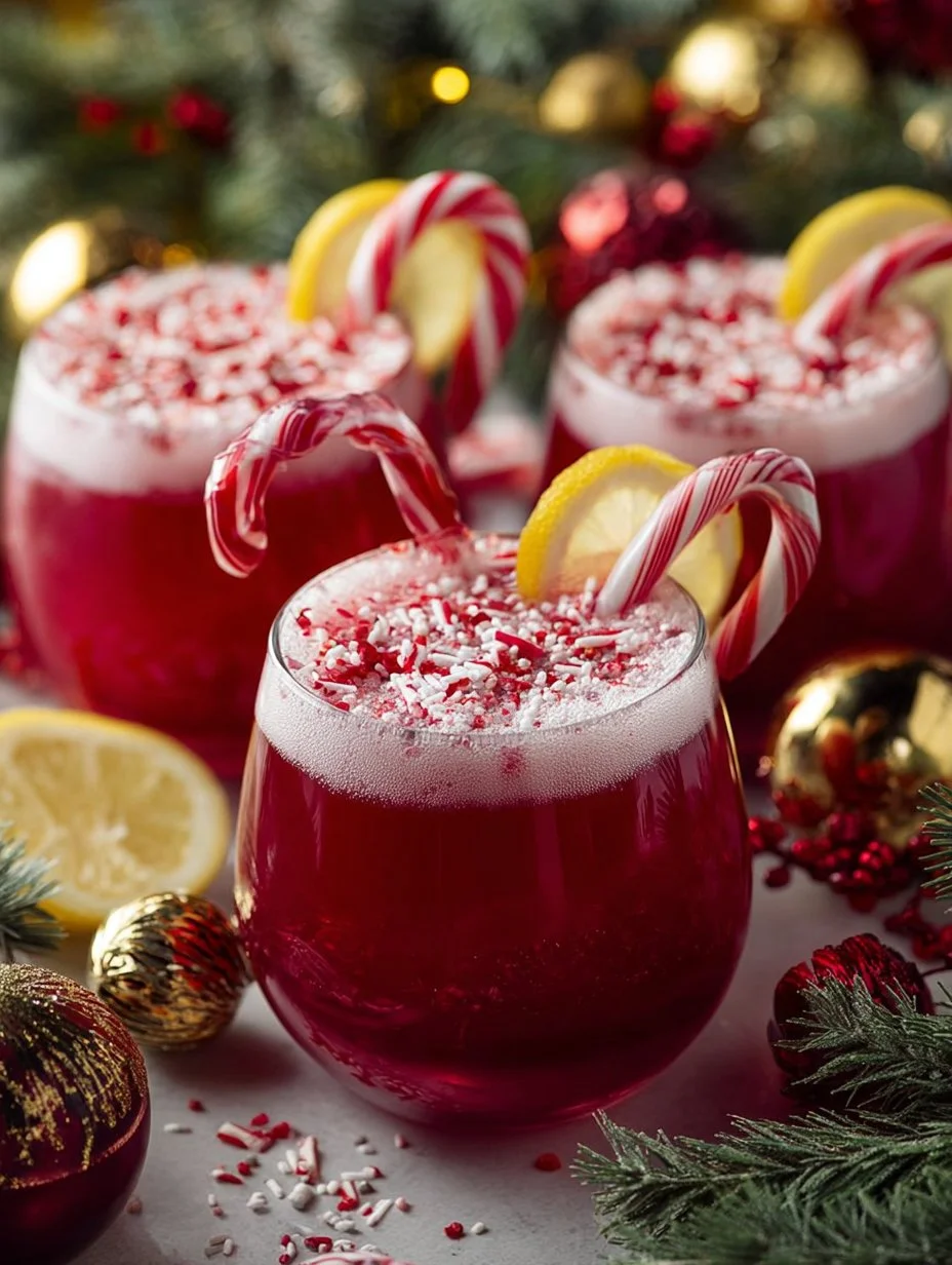 Delicious Candy Cane Christmas Punch served in festive glasses with candy canes.