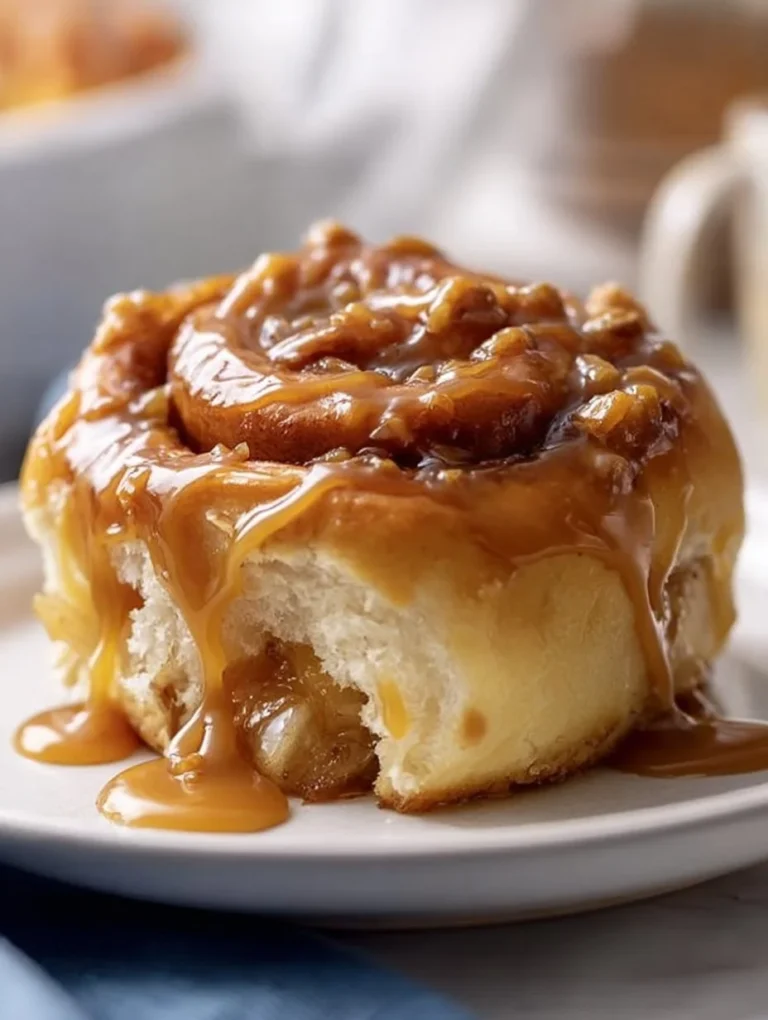 Freshly baked caramel apple cinnamon rolls drizzled with caramel sauce