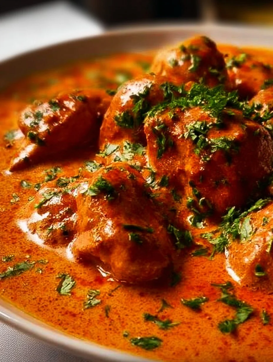 A delicious plate of Chicken Paprikash served with dumplings and garnished with parsley.