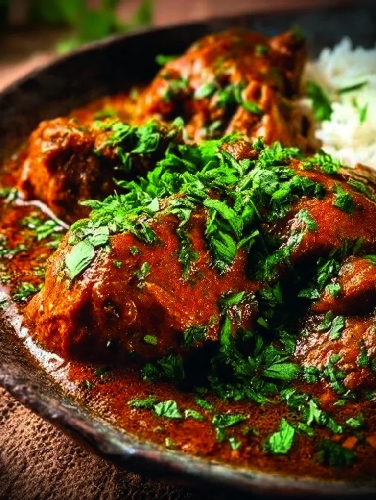 Delicious Chicken Xacuti Curry served with rice and garnished with cilantro.