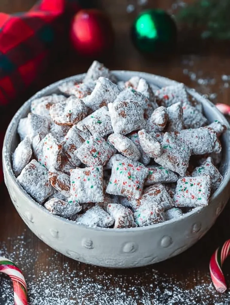 Delicious Christmas Puppy Chow in a festive bowl, perfect for holiday snacking.