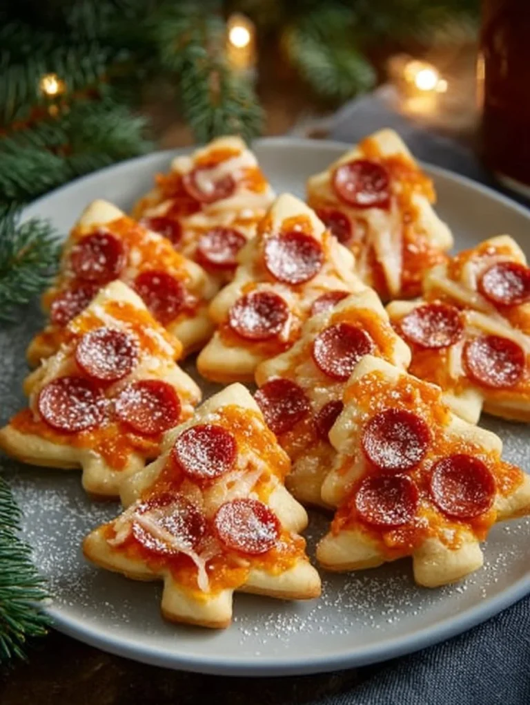 Plate of Christmas Tree Mini Pizzas decorated with toppings