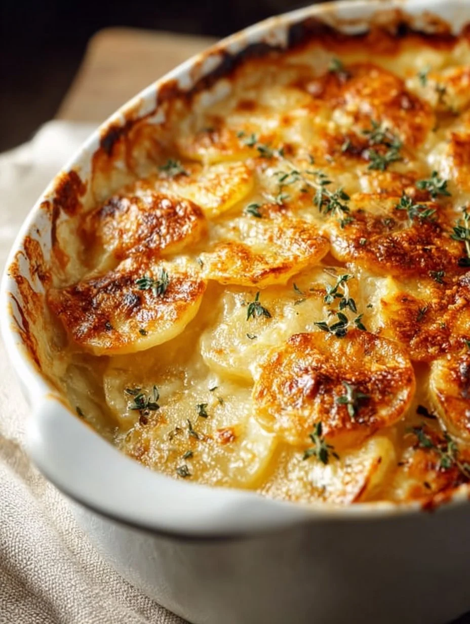 Creamy cheesy scalloped potatoes in a baking dish, topped with melted cheese