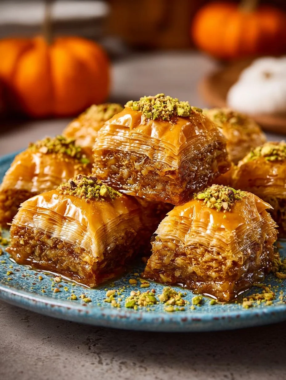 Delicious pumpkin baklava served on a plate with a garnish of nuts.