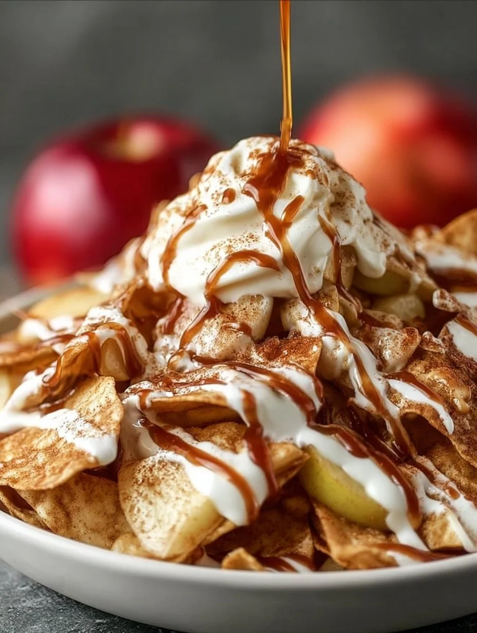 Delicious easy apple pie nachos topped with caramel and whipped cream