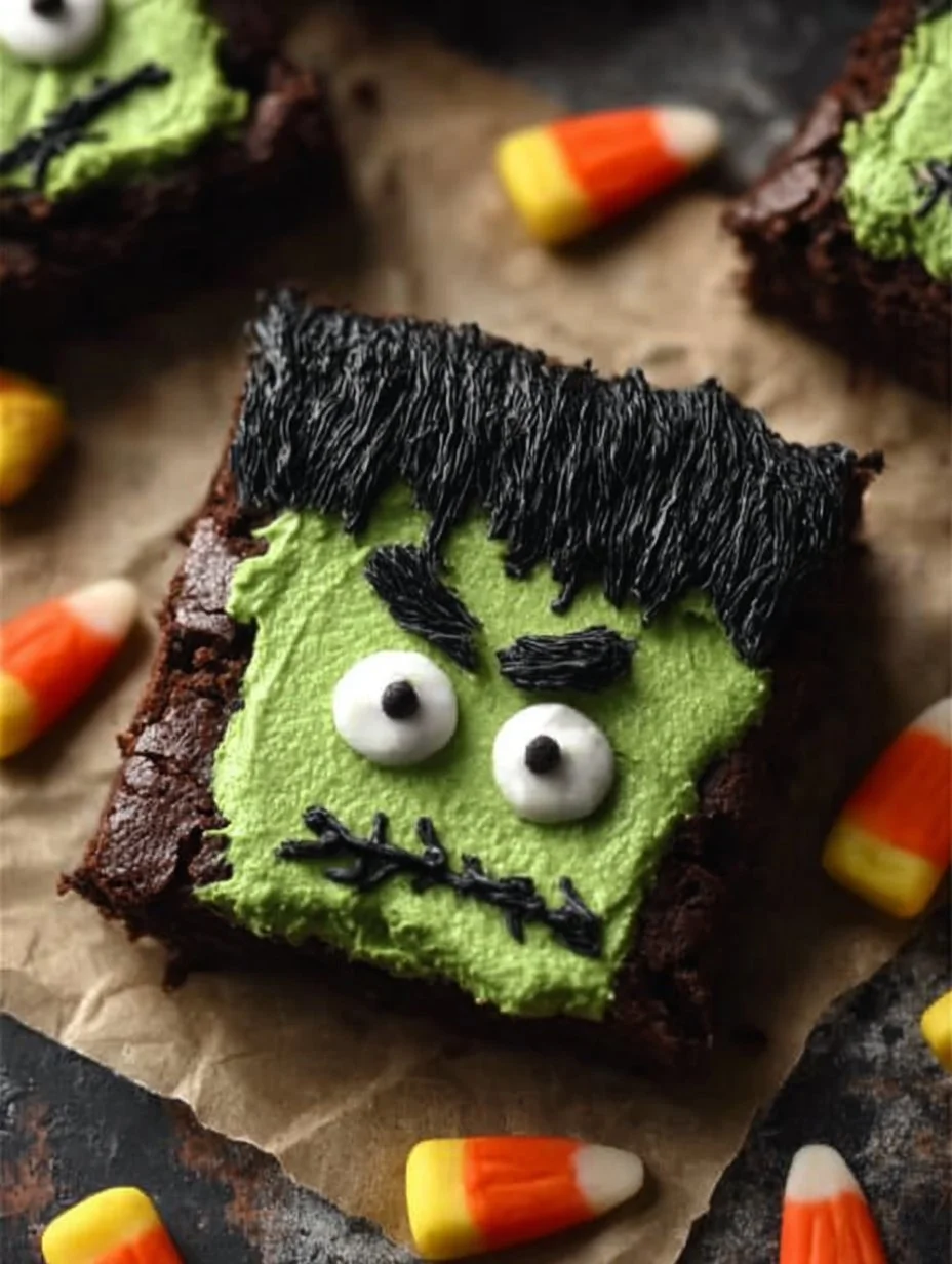 Spooky Frankenstein Brownies decorated with green frosting and candy eyes
