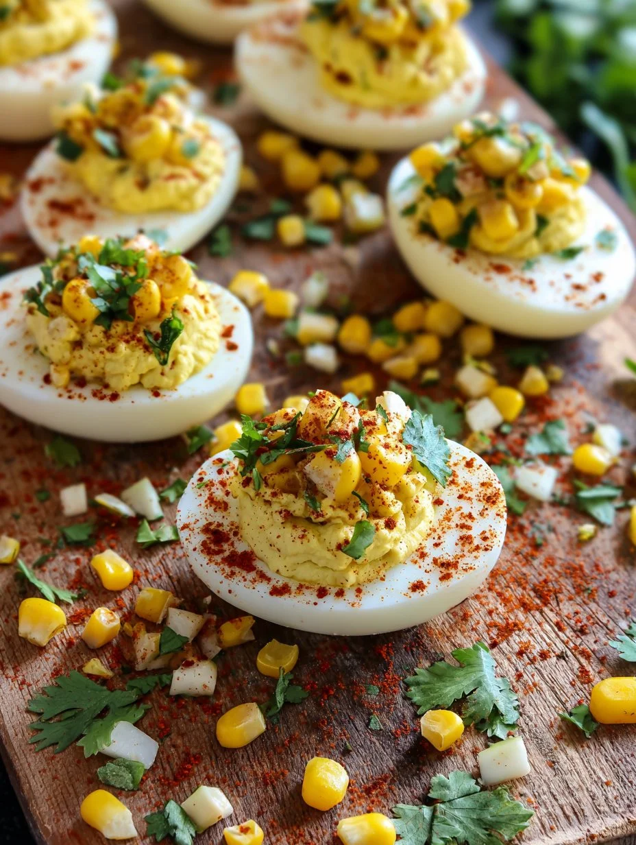 Mexican Street Corn Deviled Eggs with a Korean Twist served on a platter