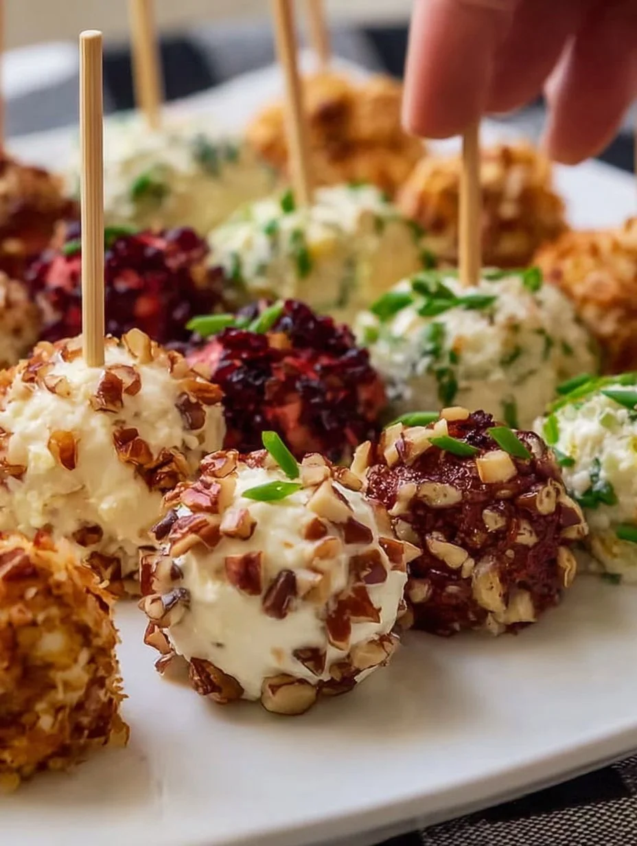 A platter of mini cheeseball bites garnished with herbs and spices.