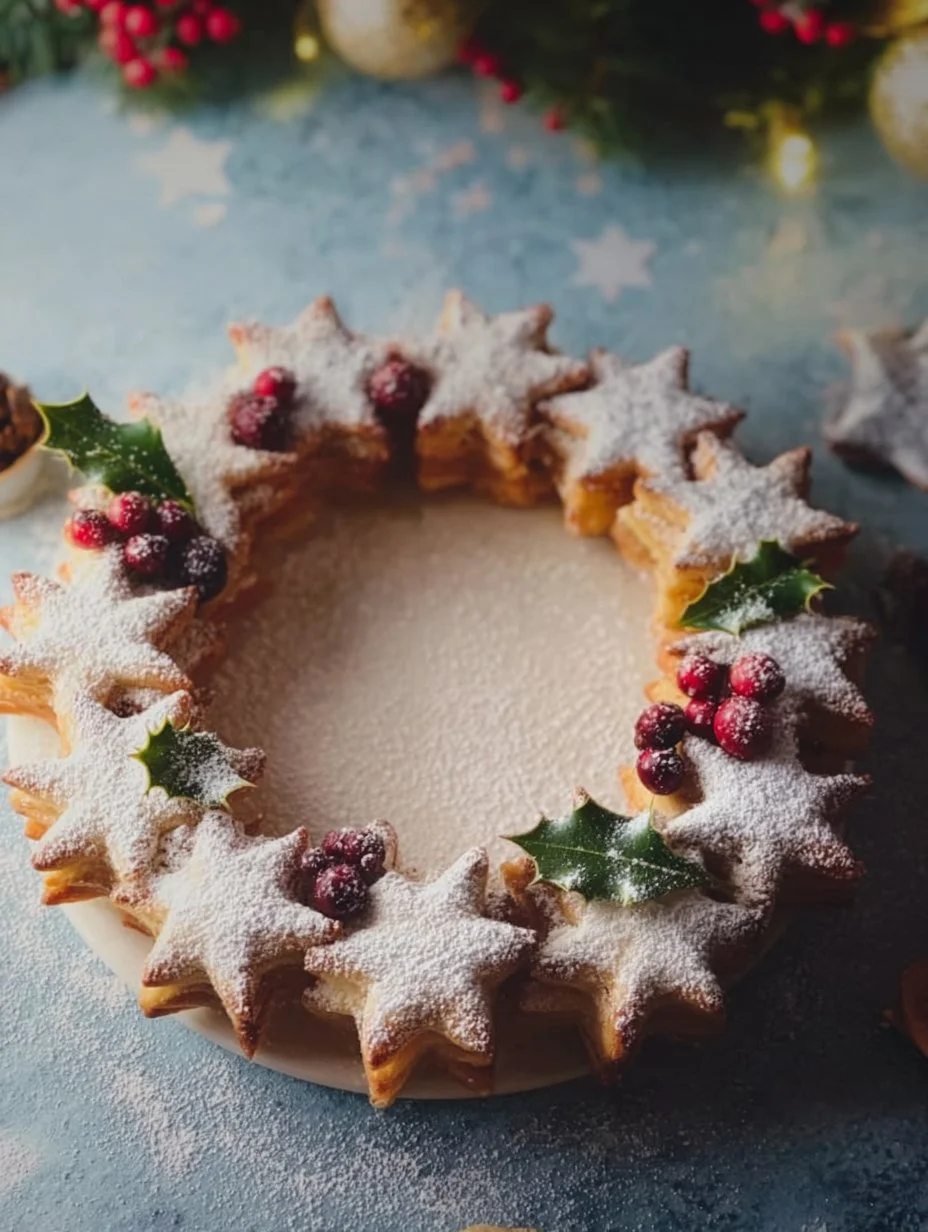Nutella Puff Pastry Star Wreath decorated for the holidays