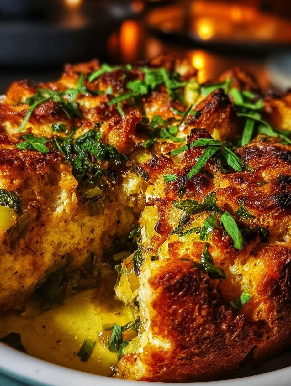 Savory leek bread pudding baked until golden and crispy, perfect for any meal.