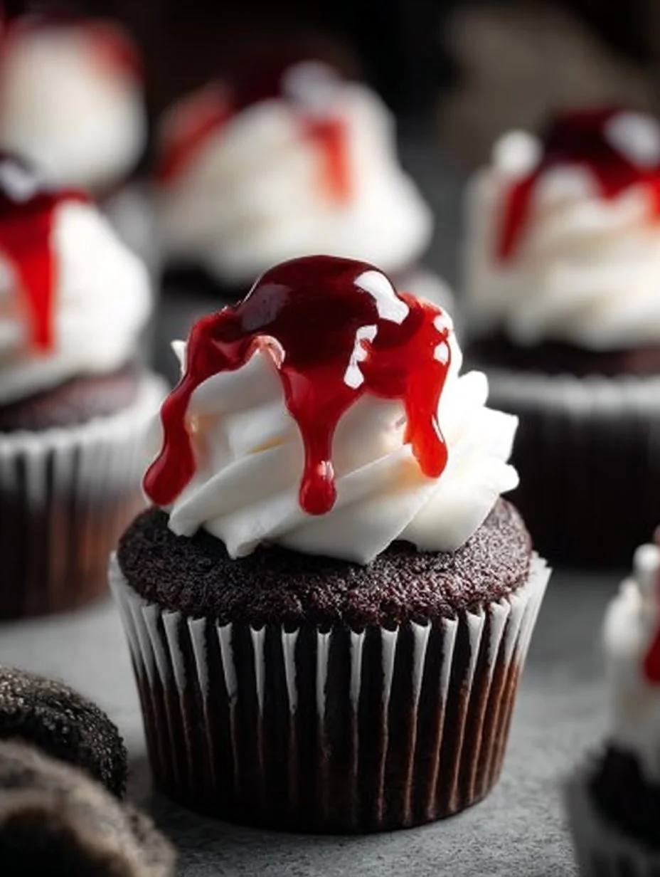 Delicious Vampire Bite Cupcakes with dripping red icing and fang decorations