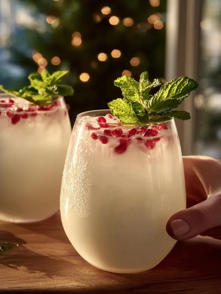 Refreshing White Christmas Mojito cocktail garnished with mint and cranberries.