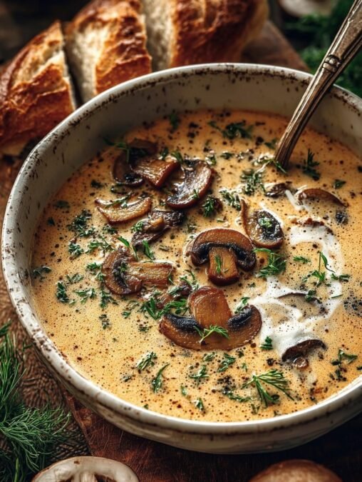 Preparing Creamy Hungarian Mushroom Soup, step by step.