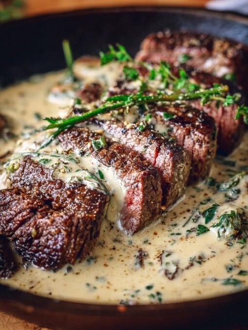 Beautifully plated Garlic Butter Steak with sauce