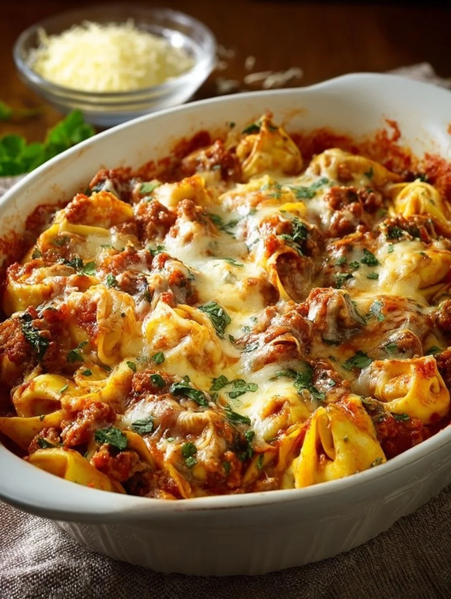 Delicious Baked Tortellini Lasagna with layers of pasta, cheese, and sauce