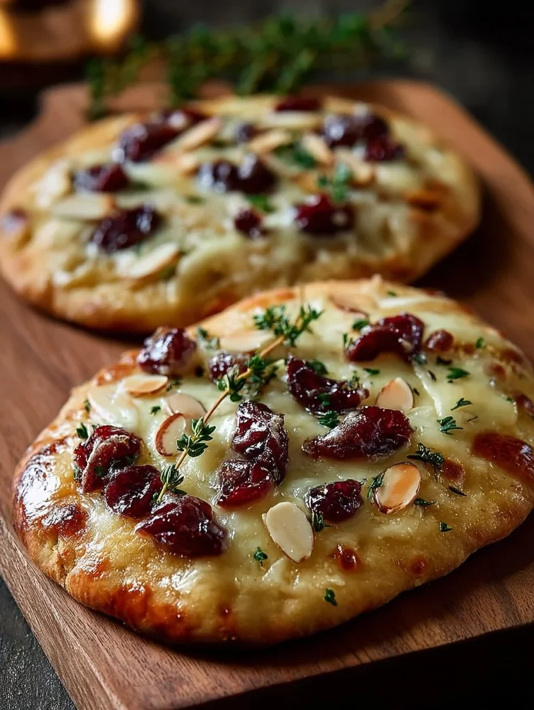Brie and cranberry flatbreads with almond crunch on a rustic wooden board.