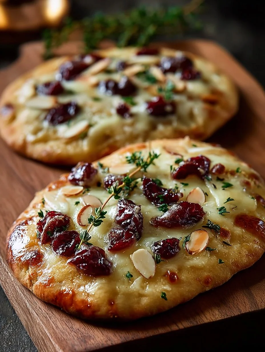 Brie and cranberry flatbreads with almond crunch on a rustic wooden board.
