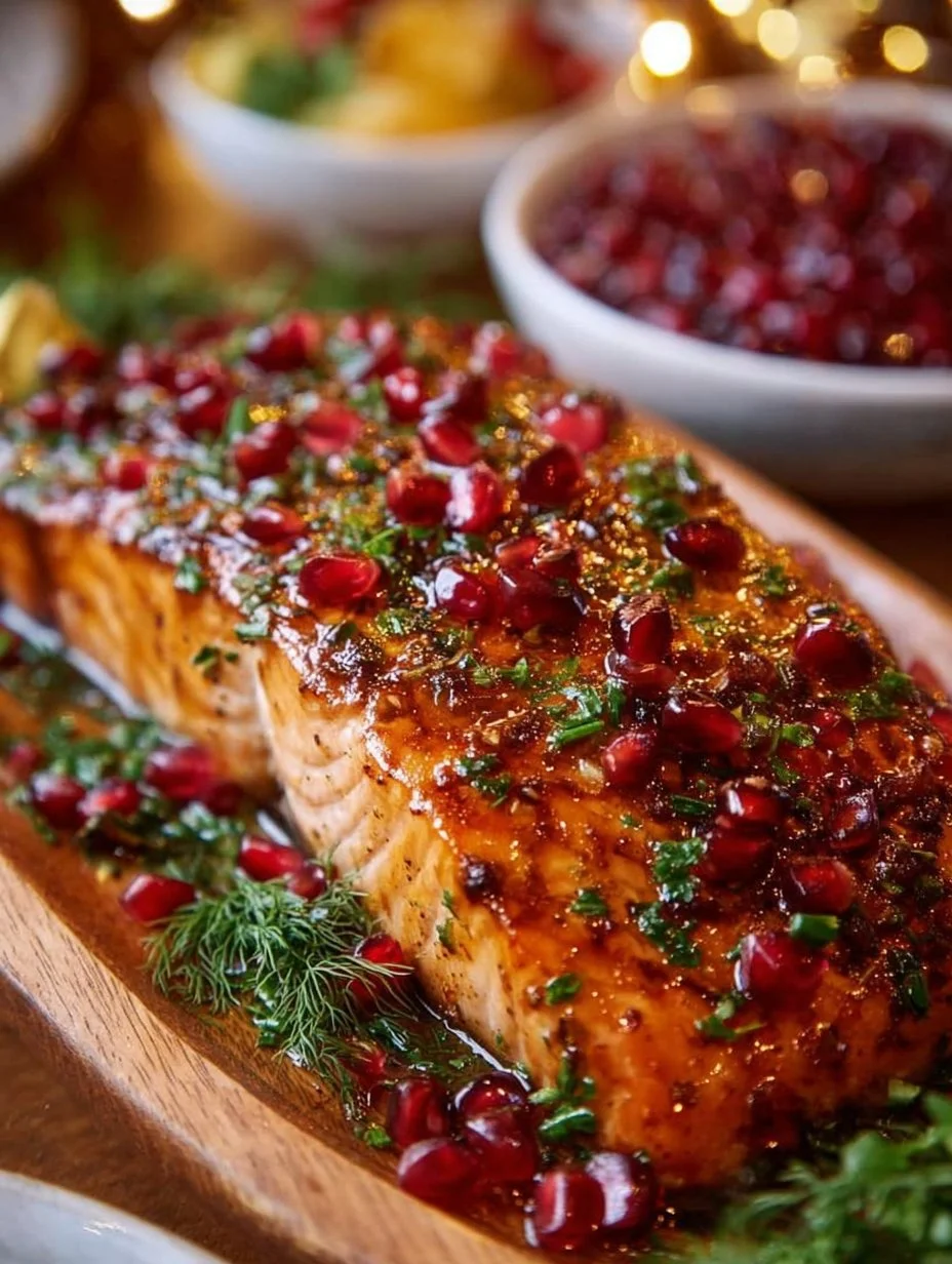 Deliciously cooked Christmas Salmon served on a festive table