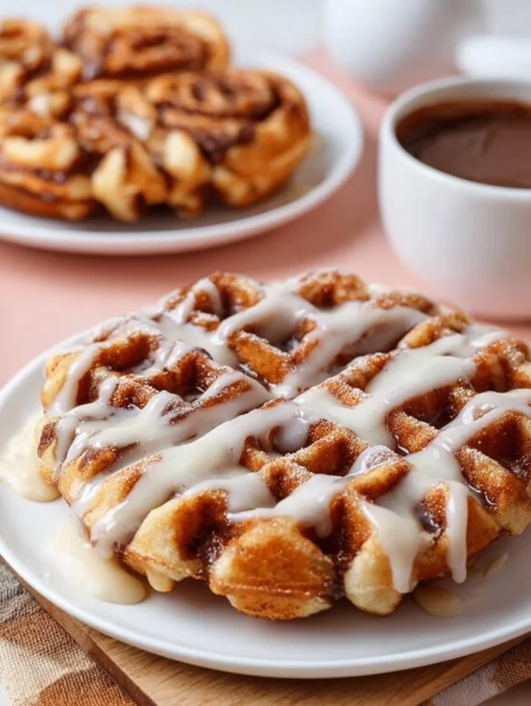 Delicious homemade Cinnamon Roll Waffles topped with icing and cinnamon sugar.