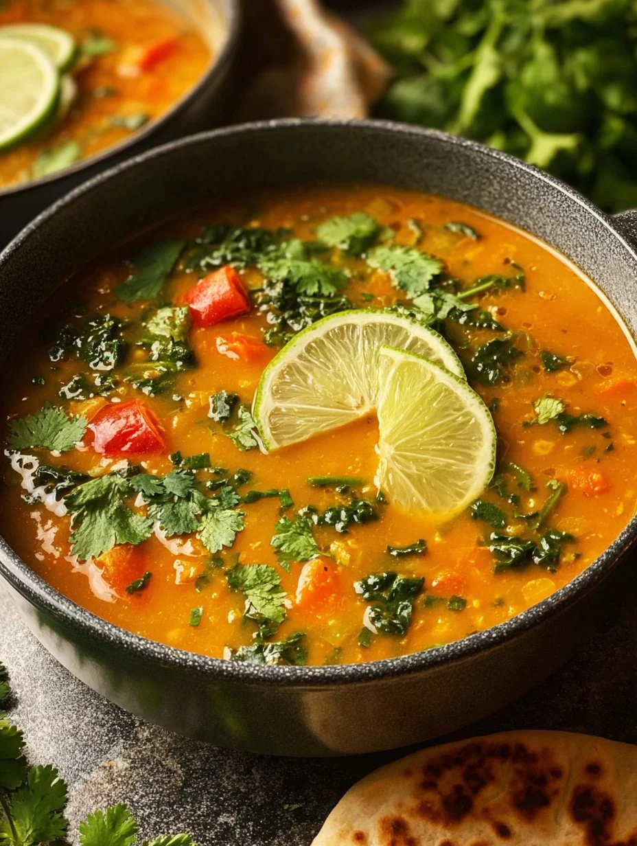 Bowl of creamy coconut curry lentil soup garnished with fresh herbs.