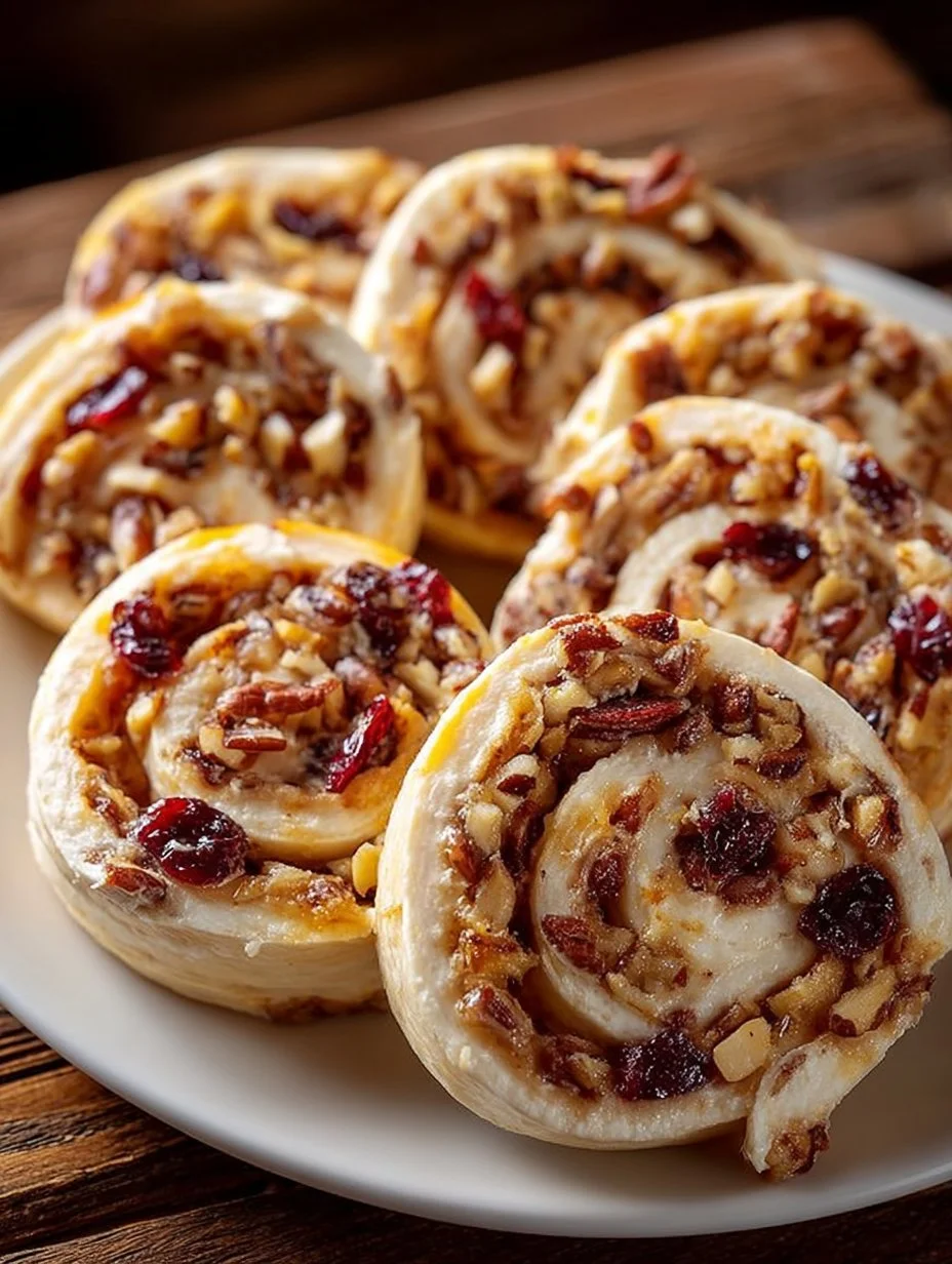 Cranberry-Orange Cream Cheese Pinwheels with Pecans on a serving platter