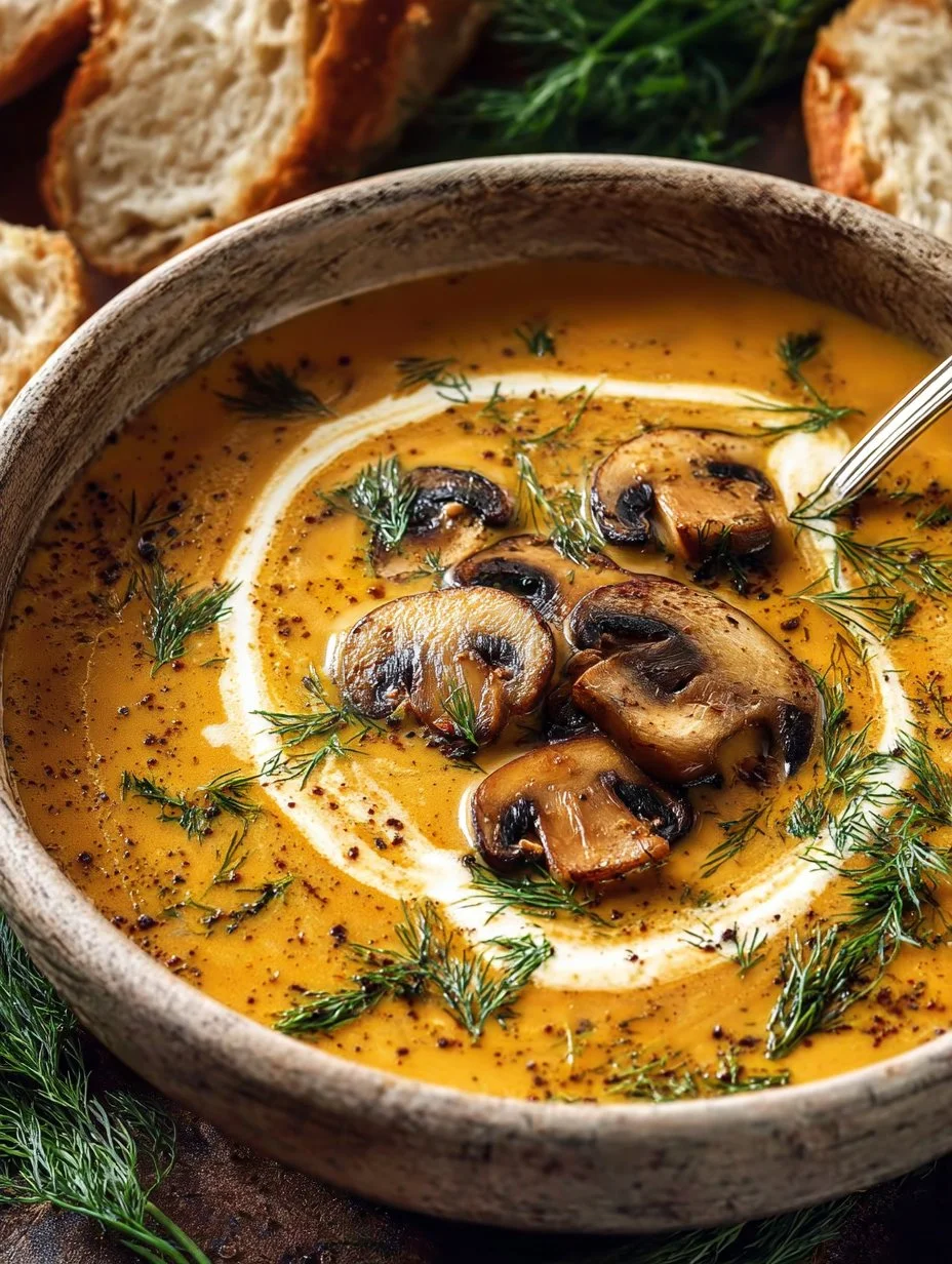Bowl of creamy Hungarian mushroom soup topped with fresh parsley.