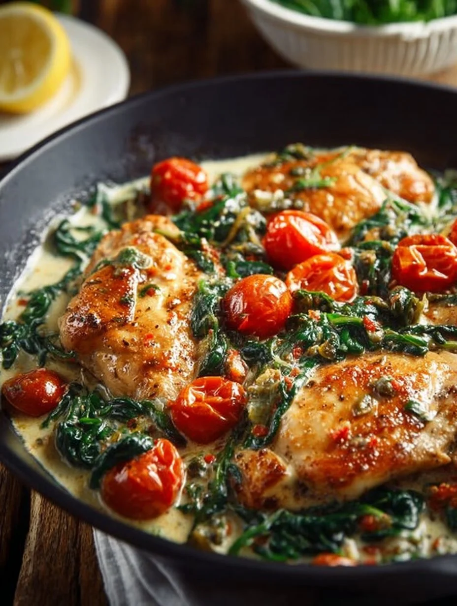Creamy Mediterranean chicken skillet dish with fresh vegetables and herbs.
