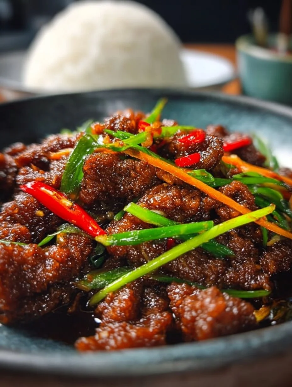 Crispy chilli beef dish garnished with vibrant vegetables