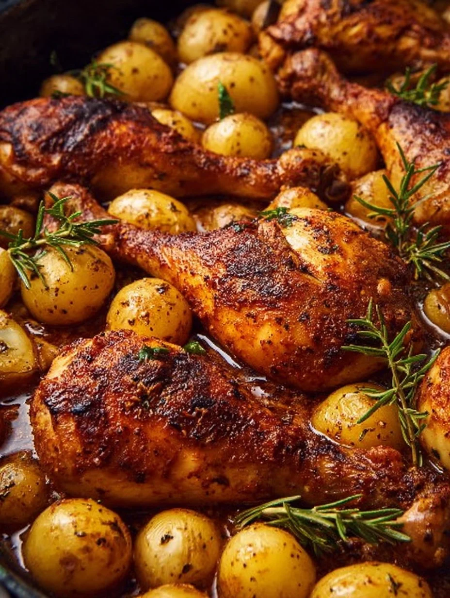 Crispy oven baked chicken legs served with tender potatoes on a platter