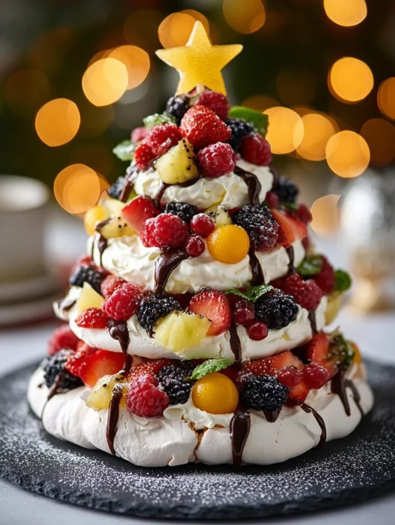 Beautiful Pavlova Christmas Tree decorated with fresh fruits for festive celebrations