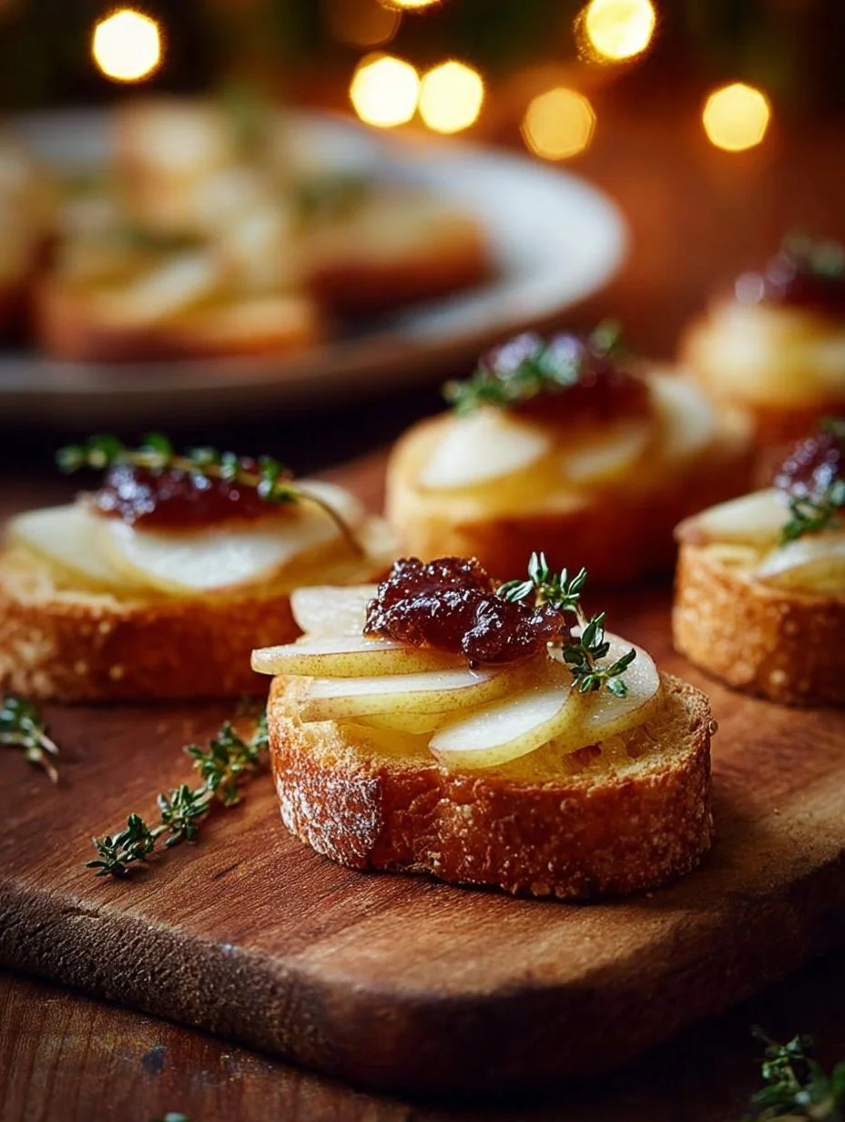Delicious pear brie crostini garnished with cranberries on a wooden board