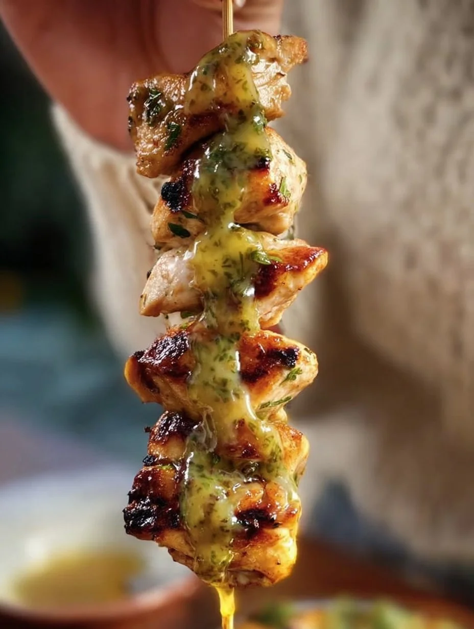 Grilled Dill Pickle Chicken Skewers ready to be served