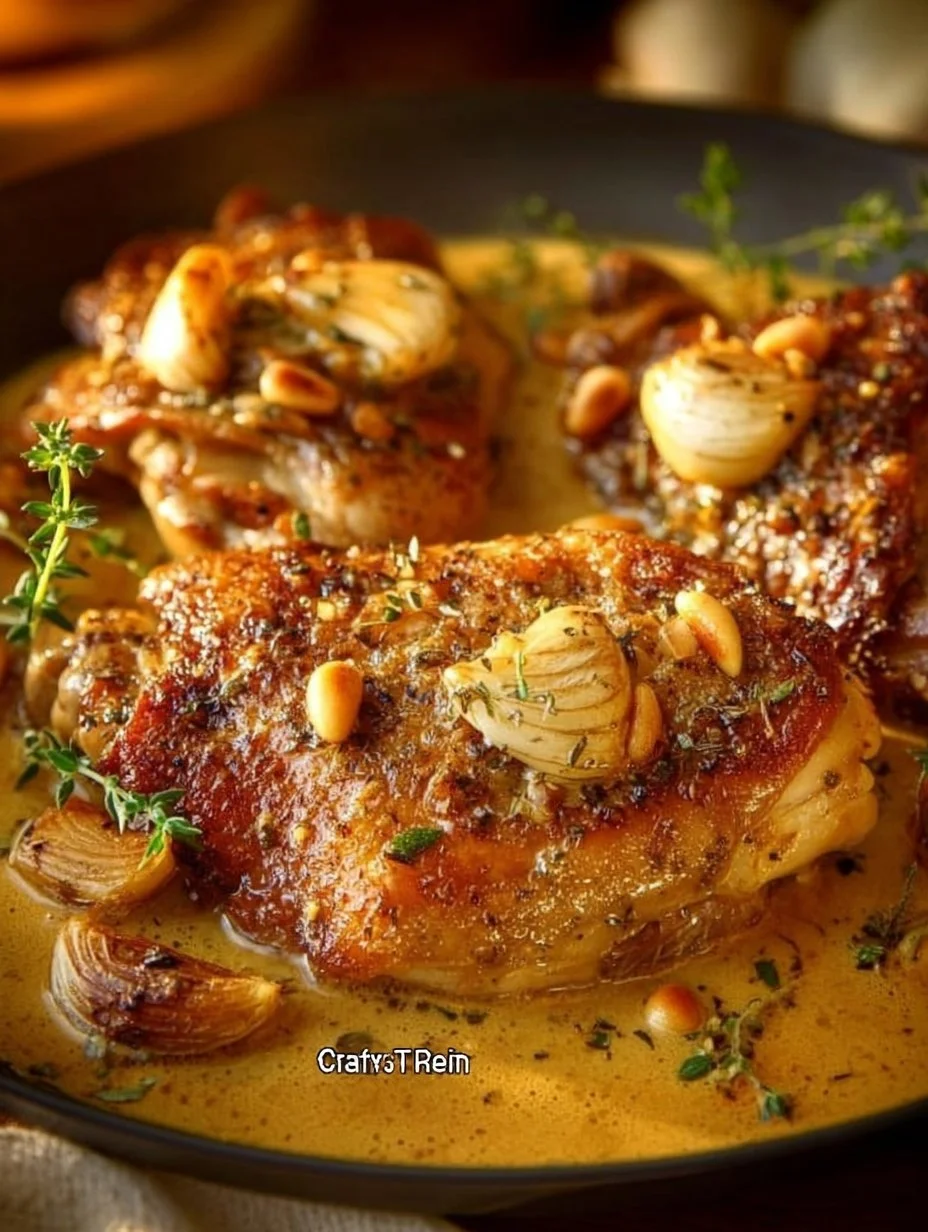 Plate of easy rustic roasted garlic chicken with creamy Asiago gravy