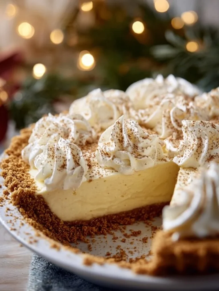 Slice of Eggnog Cream Pie with festive decorations on a dessert plate
