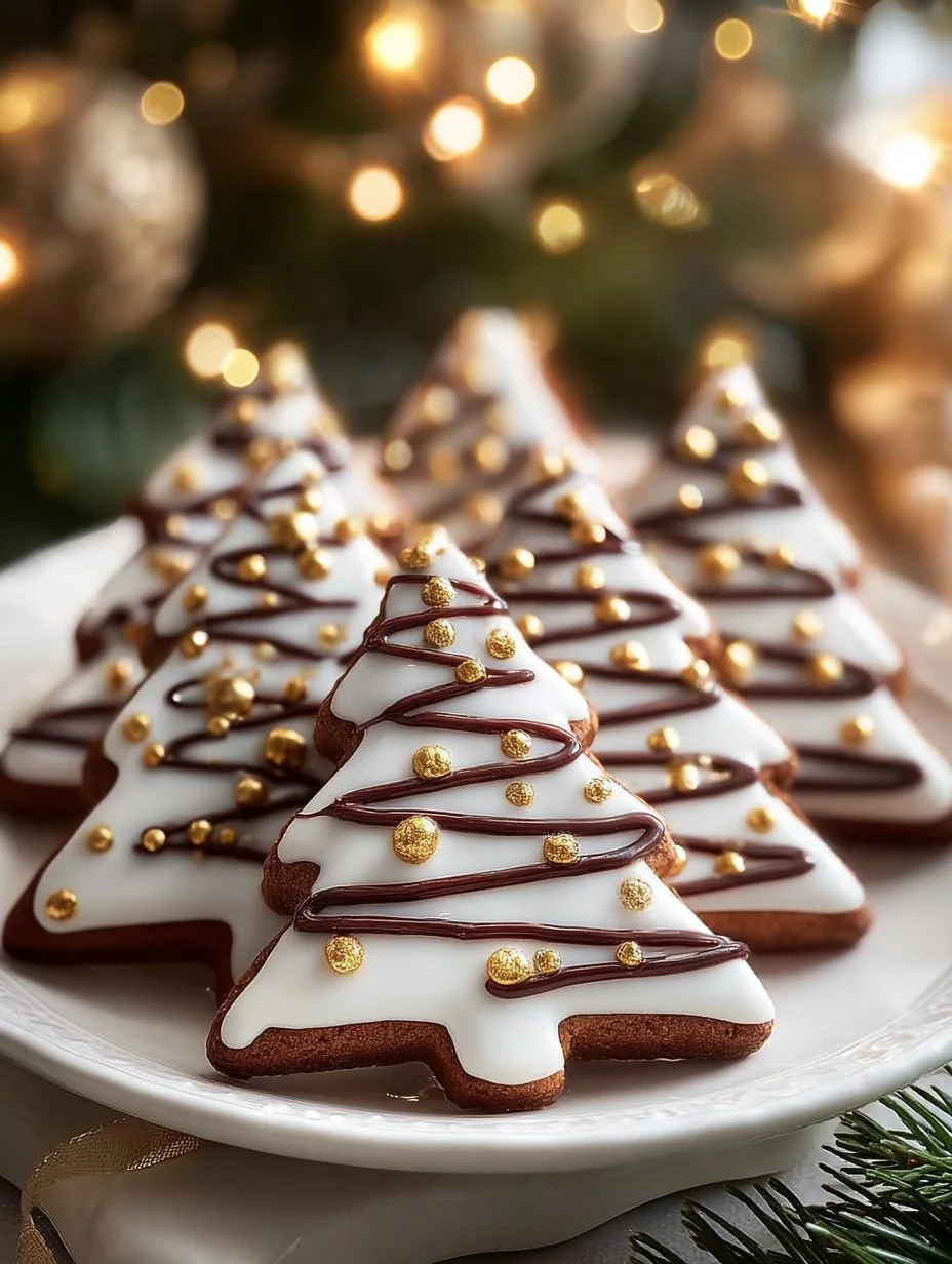 Espresso Cream Holiday Tree Cookies decorated with festive icing and chocolate.