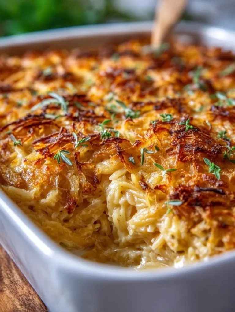 French onion chicken orzo casserole dish garnished with herbs