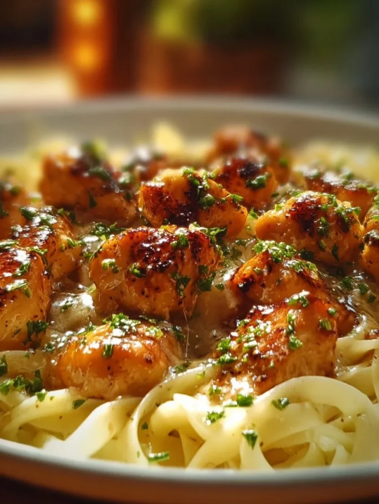 Garlic Butter Chicken Bites served with creamy Parmesan pasta in a bowl.