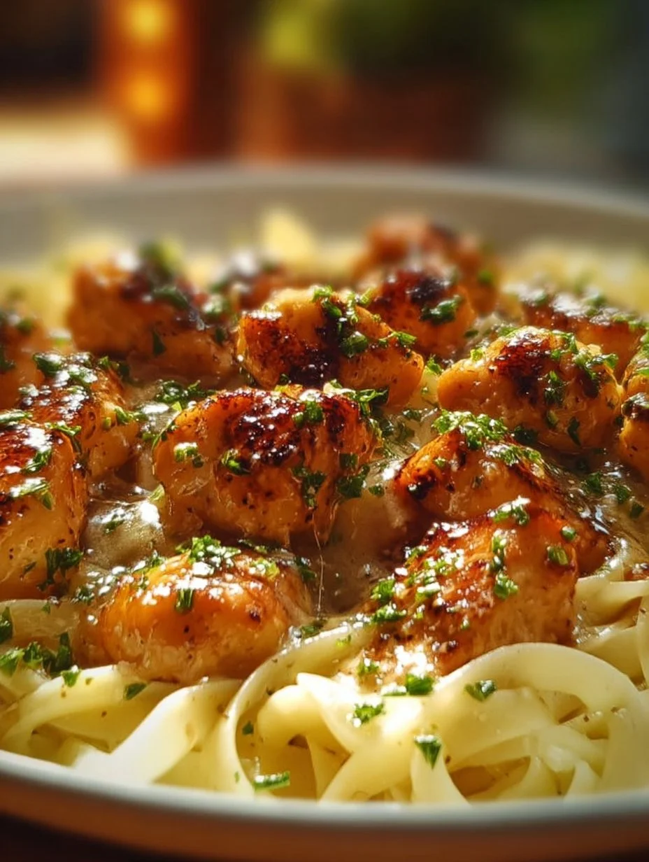 Garlic Butter Chicken Bites served with creamy Parmesan pasta in a bowl.