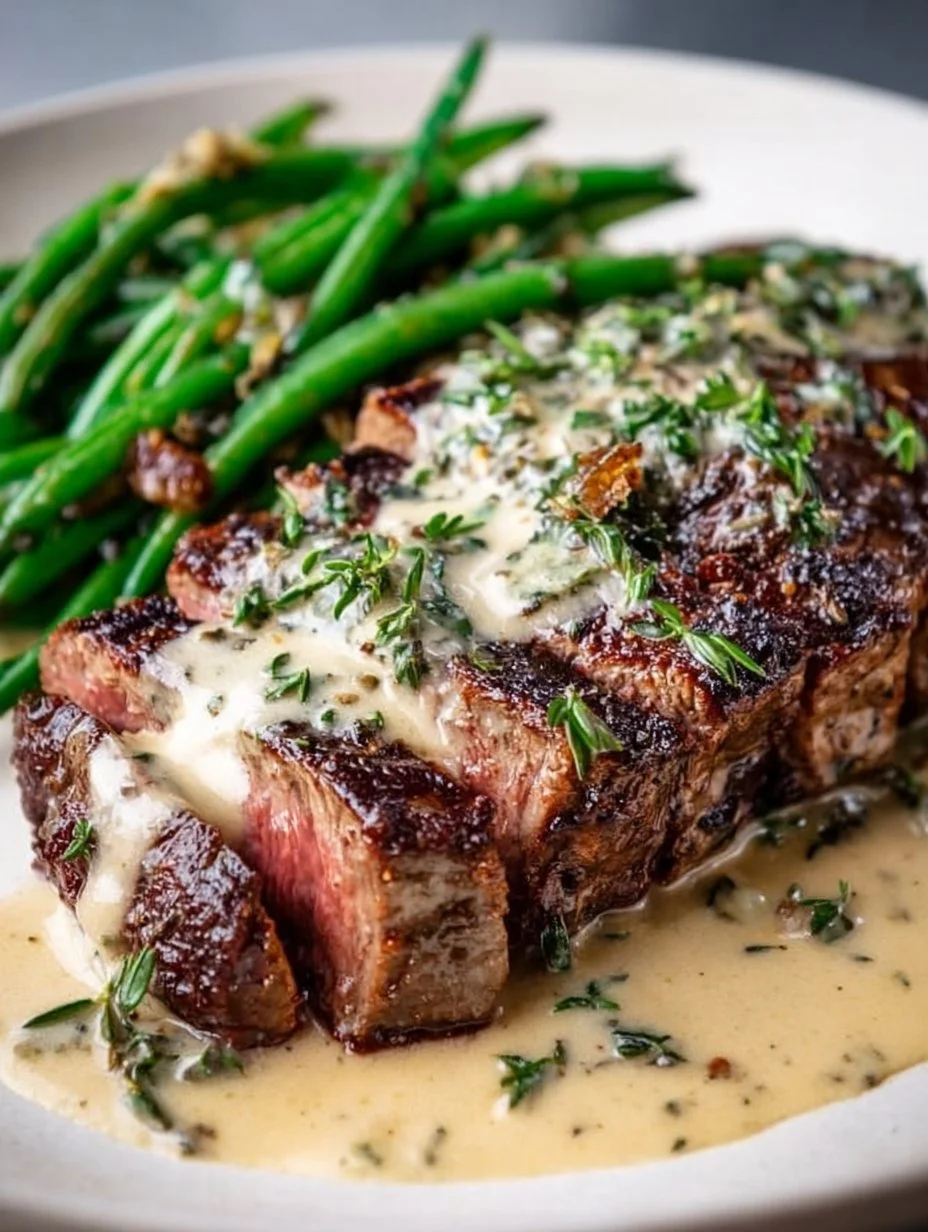 Delicious Garlic Butter Steak drizzled with rich Parmesan Cream Sauce
