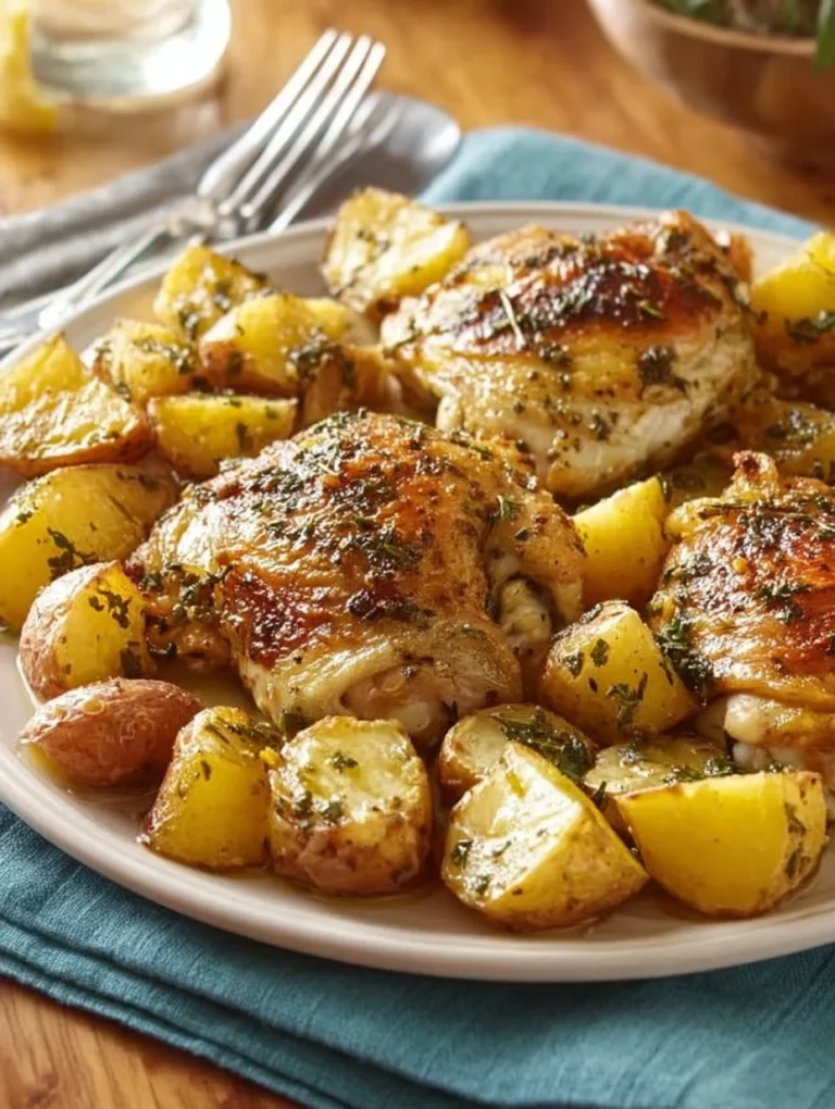 Plate of Greek Lemon Chicken and Potatoes garnished with lemon slices and herbs