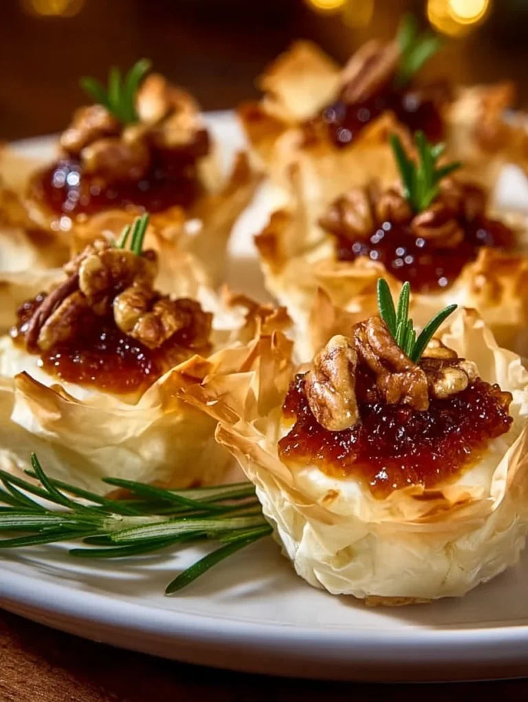 Holiday pepper jelly brie cups served on a platter