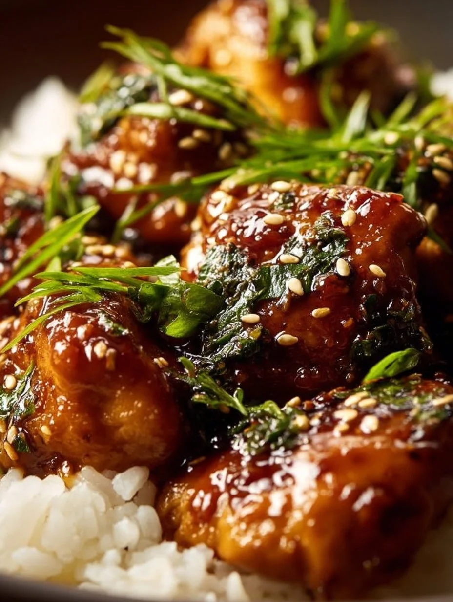 Plate of delicious Honey Garlic Chicken garnished with green onions and sesame seeds