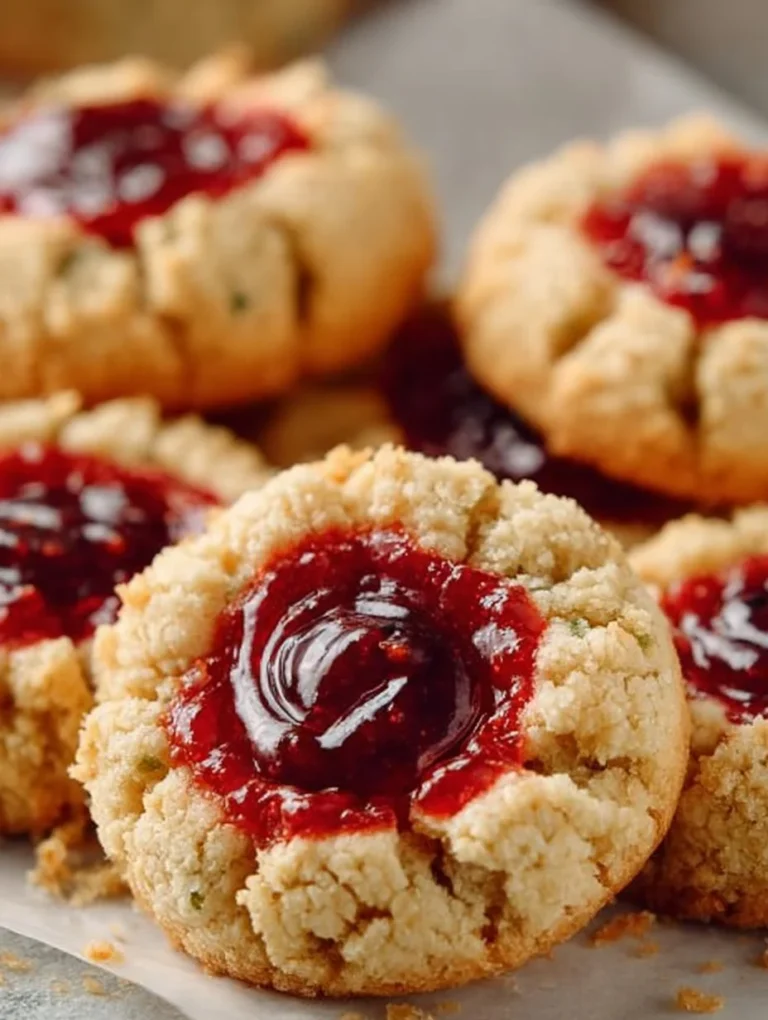 Italian Raspberry Thumbprint Cookies with raspberry jam filling on a plate