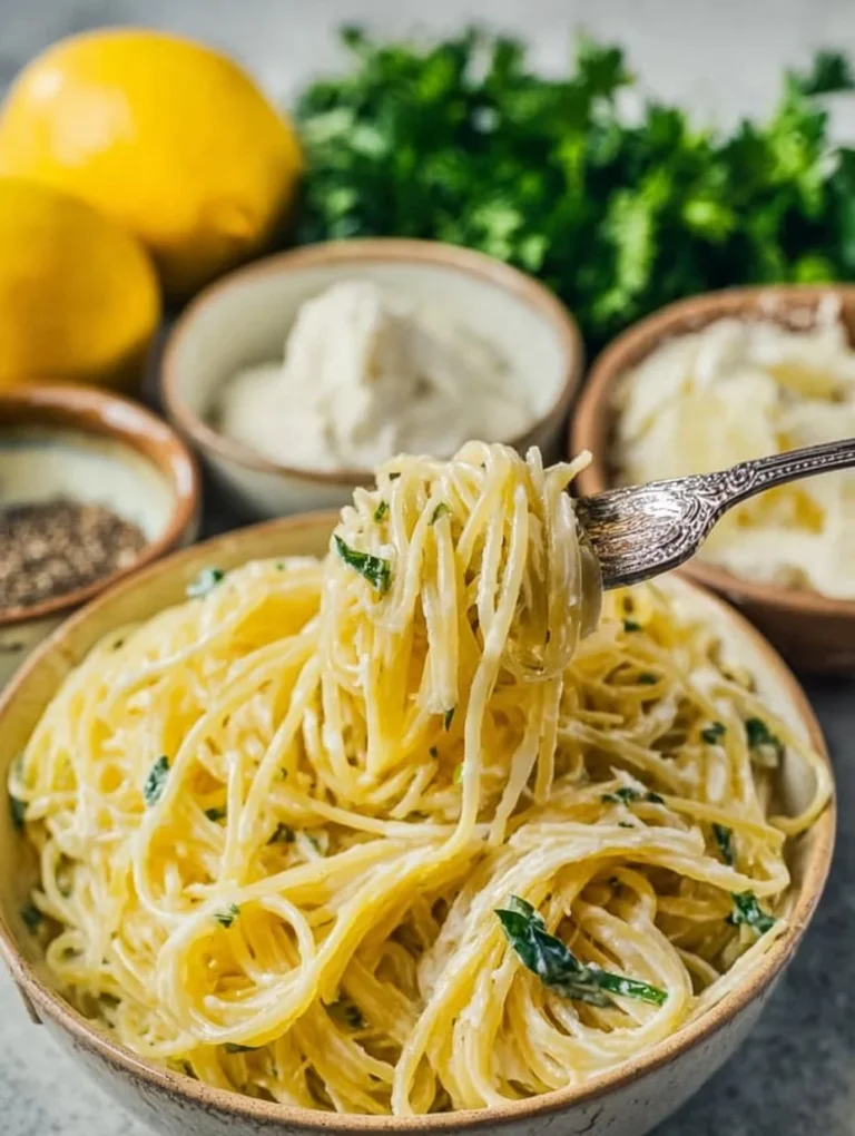 Delicious lemon garlic pasta topped with fresh herbs and cheese