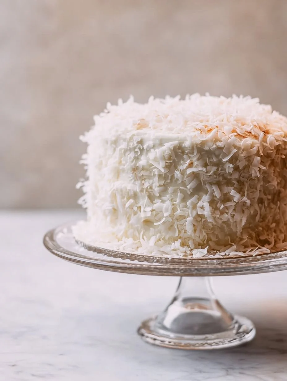 Luscious coconut cake with cream cheese frosting on a decorative plate