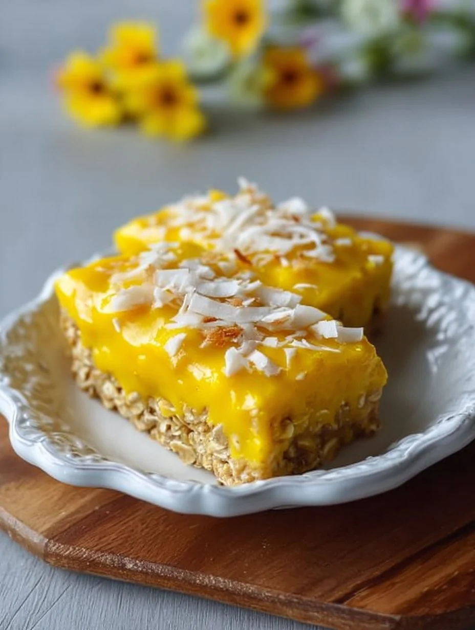 Delicious Mango Coconut Baked Oats topped with fresh mango slices and coconut flakes