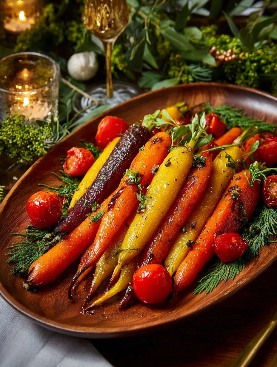 Maple mustard roasted carrots garnished with fresh herbs on a white plate