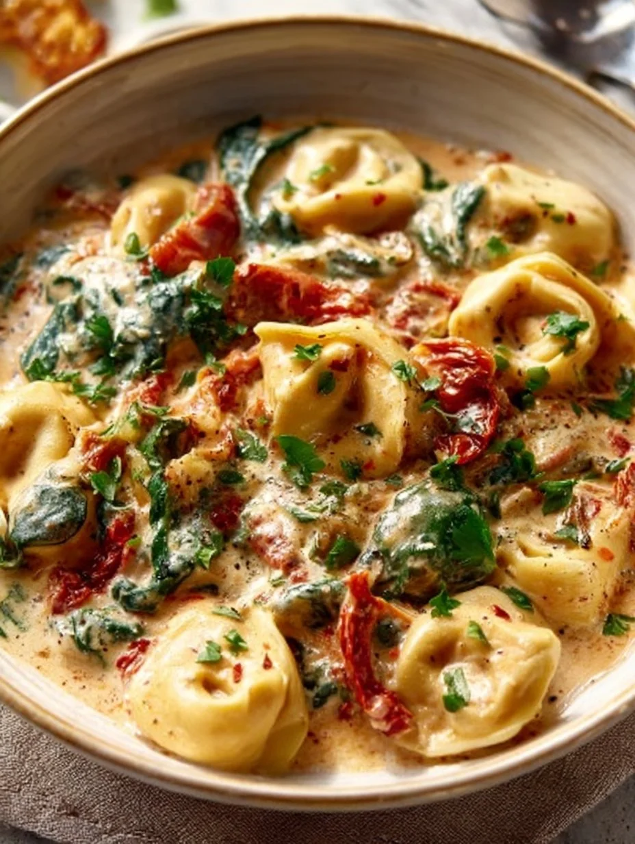 Plate of Marry Me Tortellini garnished with herbs and tomatoes