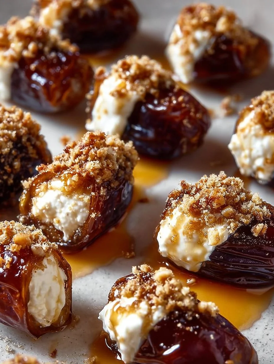 Delicious mascarpone stuffed dates drizzled with maple syrup on a plate.