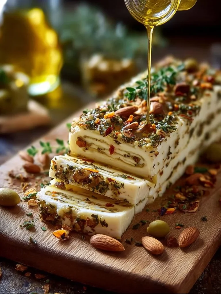 Mediterranean Olive Tapenade layered on a cheese log, a perfect appetizer.